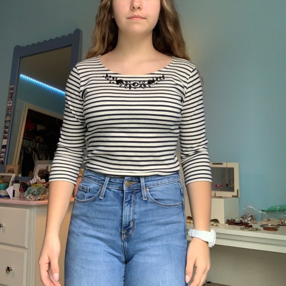 Striped long sleeve shirt with black embellishment